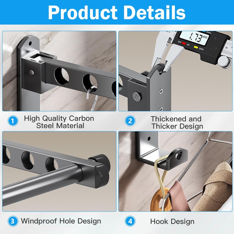 Pack of 2 Foldable Clothes Hooks, Aluminium Clothes Rail, Wall