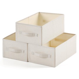 Linen Folding Storage Bins, 3 Pack Large Storage Baskets, Washable, Clothing Storage Bins with Handle, Closet Organizer for Storage Sweater,Sheets (Beige, 16"x9½"x6¾")