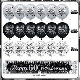 60th Wedding Anniversary Decorations Black Silver Happy 60th Anniversary Yard Banner Sign and 18Pcs 60th Silver Wedding Anniversary Balloons for 60th Silver Wedding Anniversary Party Decorations