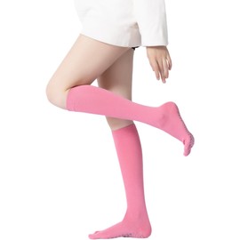 Verdancy Yoga Pilates Toe Socks with Grips for Women Knee Highs Non Slip Cushioned Over the Calf Socks for Barre Ballet (Pink)