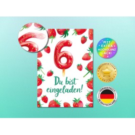 Junaversum 12 Invitations for 6th Children's Birthday Girls Strawberries Children Summer Cool Colourful Invitations Sixth Birthday Invitations Kids