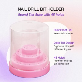 PANA Round Cake Tier Nail Drill Bit Holder Display Organizer Case - Dustproof Carbide Bit Storage Container Box For Manicure Tools Nail Salon - 48 Holes Pink (Drill Bits Not Included)