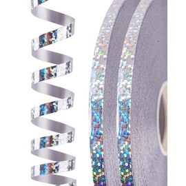 PartyWoo Silver Ribbon, 131 Yards Curling Ribbon for Balloons, Iridescent Crimped Ribbon, Shiny Curling Ribbon for Craft, Ribbon for Gift Wrapping, Wedding, Florist Flower (2 Rolls, 65.6 Yards/Roll)