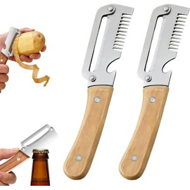 Pelador de Verduras 2 en 1 con Mango de Madera y Destapador, 2026 Pelador y Cuchillo Multifuncional de Acero Inoxidable, Para Frutas y Productos de Piel Dura (2pcs-B)