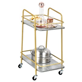 LOKO Gold Bar Cart, 2-Tier Liquor Cart with Lockable Wheels, Rolling Wine Cart Bar Serving Cart with 2 Shelves for Kitchen, Dining Room & Living Room, 24 x 16 x 32.5 inches