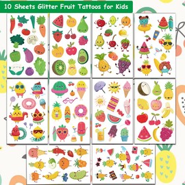 Hohamn Glitter Fruit Temporary Tattoos for Kids - 100+ Cartoon Fruit Summer Tattoos for Girls Boys Birthday Party Supplies Favors