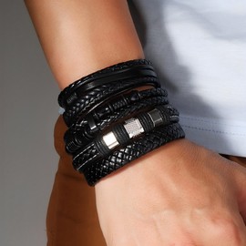 Pulsera de Cuero Trenzado para Hombre 5 Piezas, Pulsera Cuero Piel Trenzado, Personalidad Pulseras Hombre, Pulsera Caballero Pareja