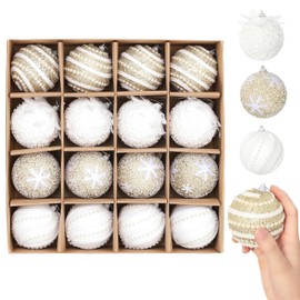 Christmas Tree Ball Ornament Set 16pcs 80mm/3.15inch Champagne Gold White Glittering Shatterproof Foam Hanging Christmas Ball Ornaments for for Xmas New Year Birthday Home Party Supplies (Gold White)