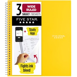 Five Star Spiral Notebook + Study App, 3 Subject, Wide Ruled Paper, 8" x 10-1/2", 150 Sheets, Fights Ink Bleed, Water Resistant Cover, Harvest Yellow (73463)
