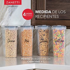 Zanetti - Juego de 4 Recipientes Herméticos de Plástico JUMBO para Almacenamiento de Cereales - 4 Litros - Libres de BPA -Regalo 75 Etiquetas...      