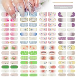 MOLILON 8 Sheets Nail Polish Stickers Full Nail Wraps Long Lasting Self Adhesive Gel Nail Stickers Nail Strips Stick On Fingernail Polish Strips with Nail File, Wooden Stick (Glitter, Heart)