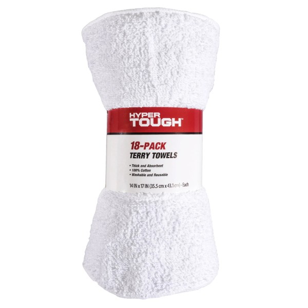 Hyper Tough 18-Pack 100% Cotton Terry Towels, 14x17", All-Purpose White