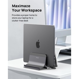 SODI Vertical Laptop Stand for Desk, Aluminum Laptop Holder Compatible with MacBook Pro, MacBook Air Stand Up to 17 inch, Gravity Auto-Lock Cooling, 3in1 Space Saving Desk Organizer Accessories, Gray