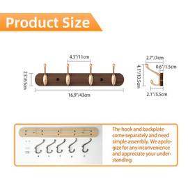 Yundoza Coat Rack Wall Mount, Bamboo Coat Hanger with 4 Zinc Alloy Hooks for Hanging Clothes, Towels, Keys, Hats, Bags(Brown)