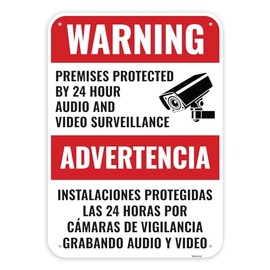1PC Video and Audio Surveillance Recording Bilingual Sign, 14 x 10 Inches - Aluminum - You are Being Recorded Warning Camera Monitoring Property Protected Signs