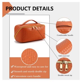 Large Capacity Makeup Bag Woven Cosmetic Bag, PU Leather Waterproof Cosmetic Bag, Women Portable Travel Makeup Pouch With Handle Makeup Organizer Bag (Brown)