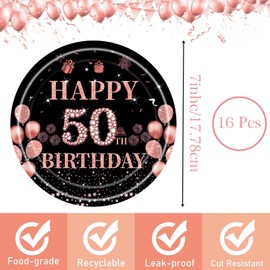 16Pack Paper Plates 50th Birthday,Black Rose and Gold Paperplates 7 inch,Disposable Party Plates Small Paper Plates Plain Paper Plates for Women,Kids,Her 50th Birthday Party Supplies Table Decorations