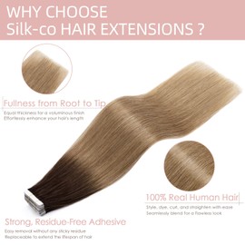 Silk-co Tape Extensions Echthaar 20stk, 40g 4T27# Schokoladenbraun zu Dunkelblond 30cm