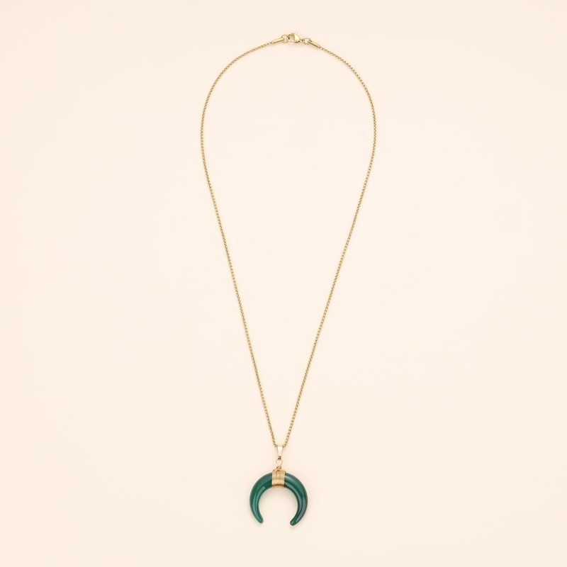 COAI Women's Moon Pendant Made of Gemstones Necklace, Green Agate,