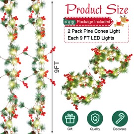 2 Pieces Christmas Garland with Lights Battery Operated Christmas Smokey Pine Garland Red Berry Pine Cone LED Christmas Lights for Mantel Pine Garland with Lights for Fireplace Stair Party (9 ft)