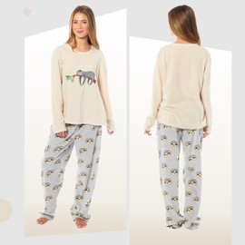 Daisy Dreamer Womens Pyjamas Set Thermal Fleece Soft Warm Animal Design Sleepwear Loungewear Pjs Winter, Large Sloth