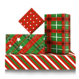 Christmas Wrapping Paper,4 Sheet Red Green Xmas Folded Gift Wrapping Paper Dots Stars Plaid Merry Christmas Birthday Wrapping Paper for Birthday New Year Kid Party Gift Wrap,20x28 inch