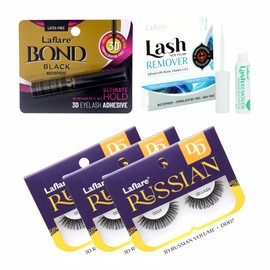 Laflare 3D Russian Max Volume Wispy, Fluffy, Lightweight, Handmade DD Curl Lashes 3 Packs with lash Adhesive and Remover All In One Complete Kit (FDD07X5C)