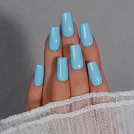 KQueenest Light Blue Press On Nails Long Square - Summer Press On Nails Medium Coffin, Sheer Soft Blue Fake Nails with Glue, Glossy Opaque, Reusable Soft Gel Glue on Nails for Women, 24 Pcs