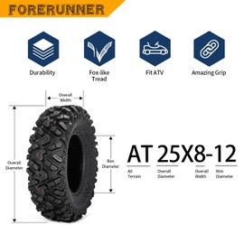 FORERUNNER 25x8-12 ATV Tires, All Terrain 6PR 25x8x12 ATV UTV Trail Mud Sand Off-Road Tires (Pack of 2, Tubeless)