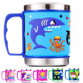 F-32 12 Oz Kids Stainless Steel Light Blue Shark 3D Mug with 2 Pack Slider Closure Lids - Eco-Friendly - BPA Free Signature Collection (Shark Light Blue)