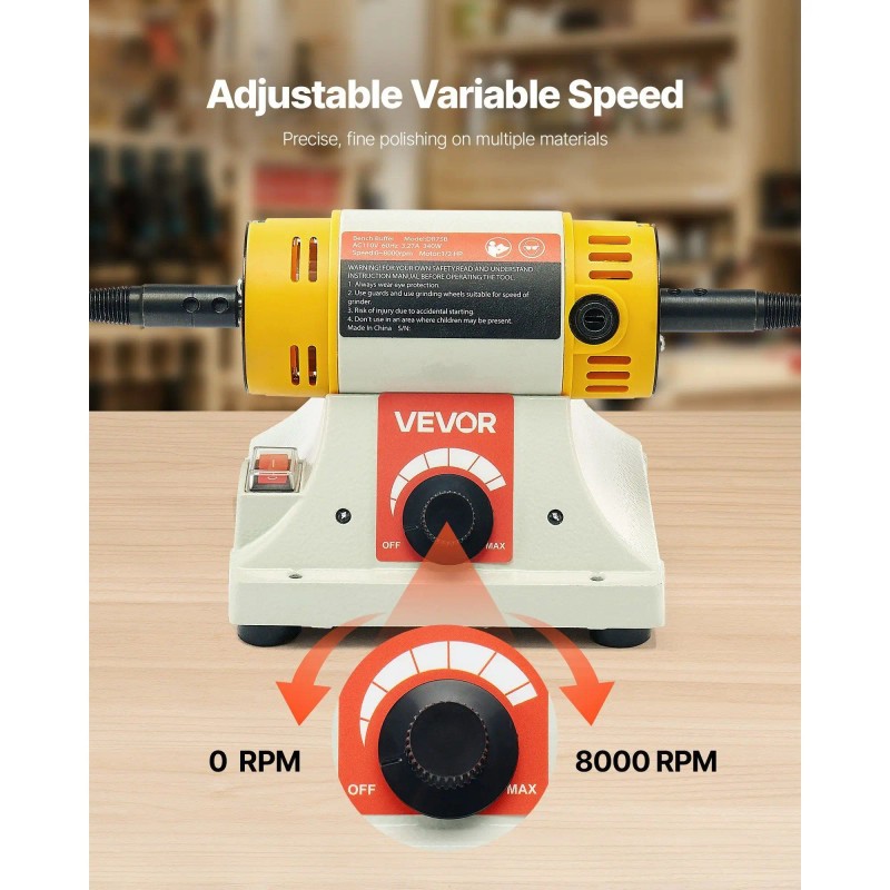 Bench Buffer Polisher 1/2HP 0 to 8000RPM 3-inch & 4-inch