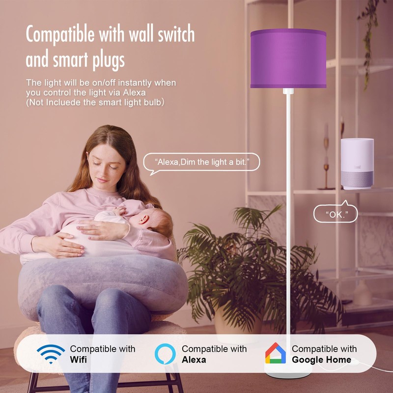 Modern White Floor Lamp with Purple Lampshade, 59" Tall, Foot