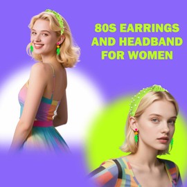 FSLLZCJY Neon Earrings and Headband 80s 90s Pearl Knotted Headband Acrylic Drop Earring Retro Costume Party Accessories 80s Outfit for Women (Green, One Size)