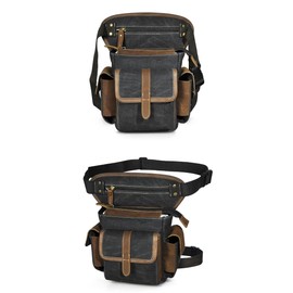 Handadsume Canvas + Genuine Leather Motorcycle Travel Fanny Waist Pack Drop Thigh Leg Bag Pouch for Men Women FB913-5 FB3106 FB3111 (Black)
