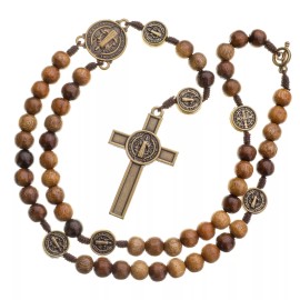 16" Brown Wood Rosary Beads Catholic St Saint Benedict Necklace Boys Women Cord