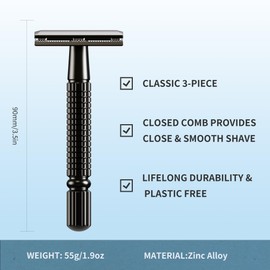 Gearhub Double Edge Safety Razor Reusable Stainless Metal Wet Shaving Razor with 10 Swedish Platinum Blades for Men Women Barber Bikini Armpit Hair, Matte Gunmetal Black GR131