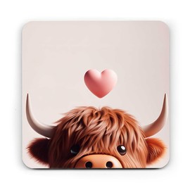 Baby Highland Cow Coaster – Cork-Backed Premium Printed Coaster – Cute Fluffy Cow with Heart Design – Perfect Gift for Animal Lovers, Protects Surfaces