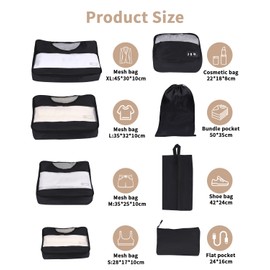Suitcase Organiser Set, 8-Piece Packing Cubes, Clothes Bags, Packing Bags Set for Holidays and Travel, Travel Packing Cubes with Clothes Bags, Shoe Bag, Organiser System for Suitcases, Black