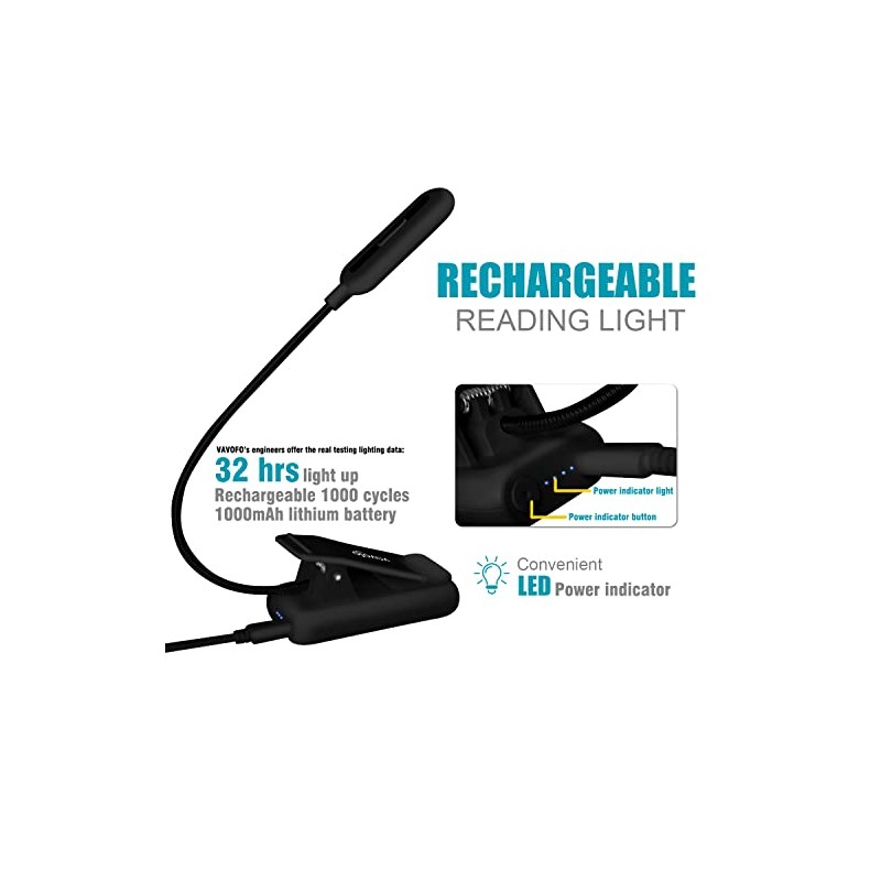 VAVOFO Rechargeable Clip-On Reading Light with 9 Brightness Levels