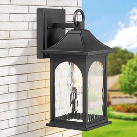 Starcurin Outdoor Lighting Fixtures Wall Mount, 12.8 Inch Black Exterior Light Fixtures with E26 Sockets & Water Ripple Glass, Waterproof Outside Porch Lights for House (1 Pack)