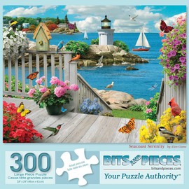 Bits and Pieces - 300 Piece Jigsaw Puzzle for Adults 18" X 24" - Seacoast Serenity - 300 pc Ocean Boat Birds Summer Light House Flower Jigsaw by Artist Alan Giana