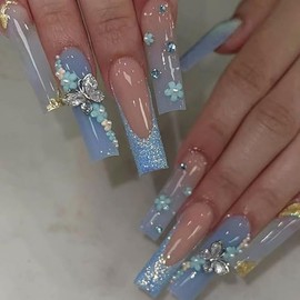 Uñas postizas cuadradas a presión largas azules con purpurina 3D diseño de mariposa con diamantes de imitación de flores postizas acrílicas para mujer