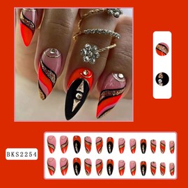 Press on Nails Almond 24Pcs Glossy Full Cover Acrylic Medium Rhinestone False Nails with Gold Line Designs Artificial Reusable Almond Fake Nails with Charm Glue Stick on Fingernails for Women Girls