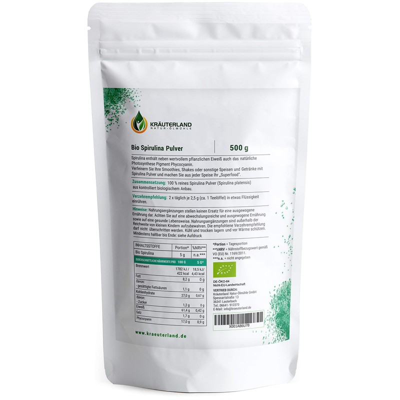 Kräuterland Organic Spirulina Powder, 500 g, Spirulina Powder, Vegan Algae