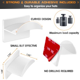 Qteeyou Adhesive Hat Hooks for Wall (12 PCS) - Hat Racks for Baseball Caps, Minimalist Hat Rack Design, Strong Hold Hat Hangers, No Drilling, Hat Holder Organizer for Wall (White)
