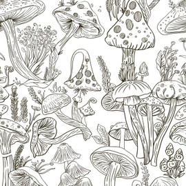 Vinjiasin Peel and Stick Wallpaper Black and White Mushroom Contact Paper Boho Self Adhesive Removable Wall Paper for Bathroom Bedroom Nursery Floral 17.3"x 59"