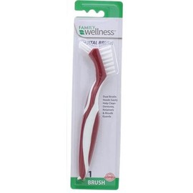 Family Wellness Denture Cleaning Brush, Dual Bristle Heads, with Deep Clean Pick, Assorted Colors