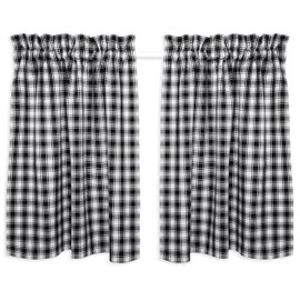 Cackleberry Home Black and White French Check Cafe Curtains Woven Cotton 28 Inches W x 36 Inches L, Set of 2