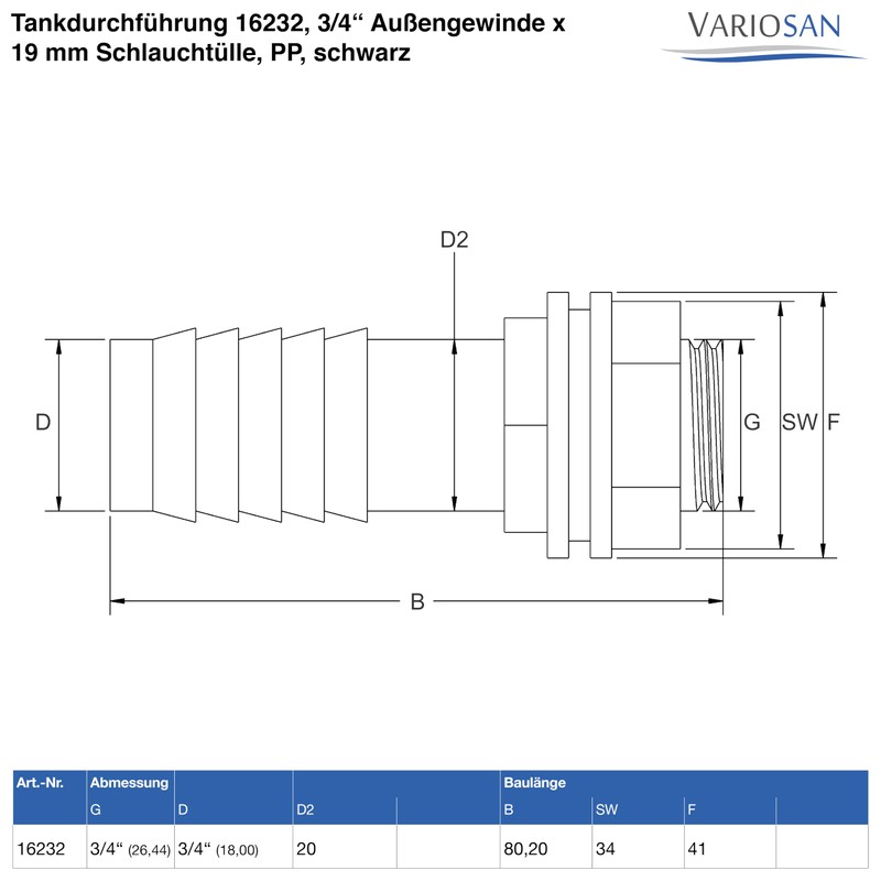 VARIOSAN Tank Feedthrough 16232, 3/4 Inch Male Thread x 19