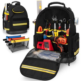 Trahzia Tool Backpack with Hard Bottom and 3 Pouches, Heavy Duty Tool Organizer Bag for Men Electrician, Construction, Black